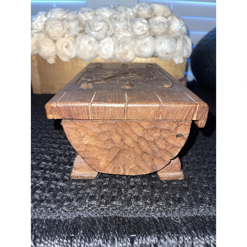 Vintage Handmade Carved‎ Wood Box With Wrought Iron Knob Jewelry Money Misc Box